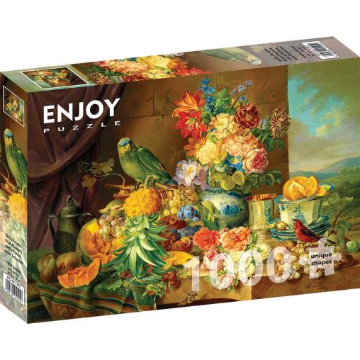 Puzzle Enjoy Bodegón con Flores, Frutas y Loro de 1000 Piezas