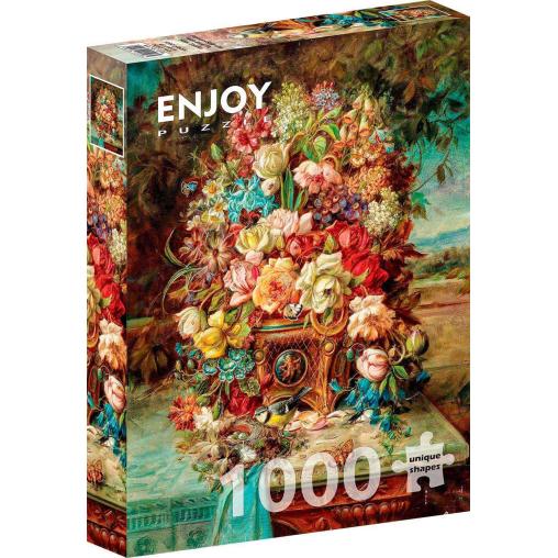 Puzzle Enjoy Bodegón de Flores con Herrerillo de 1000 Piezas