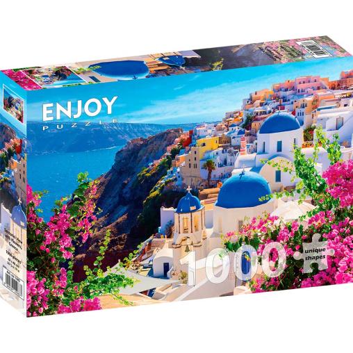 Puzzle Enjoy Vista de Santorini con Flores, Grecia de 1000 Pzs