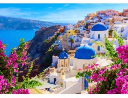 Puzzle Enjoy Vista de Santorini con Flores, Grecia de 1000 Pzs