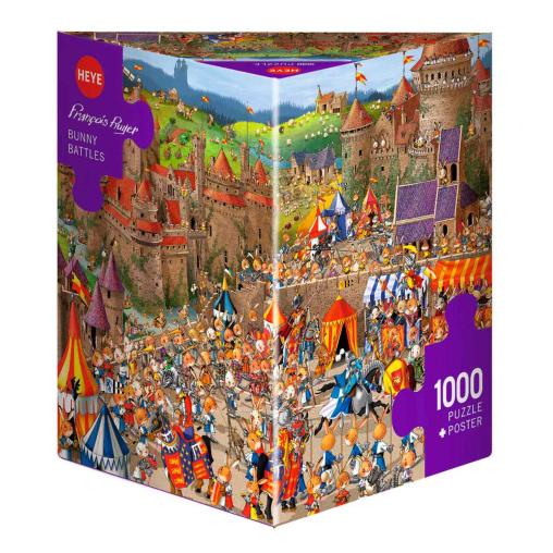 Puzzle Heye Batallas de Conejos, Caja Triangular de 1000 Piezas