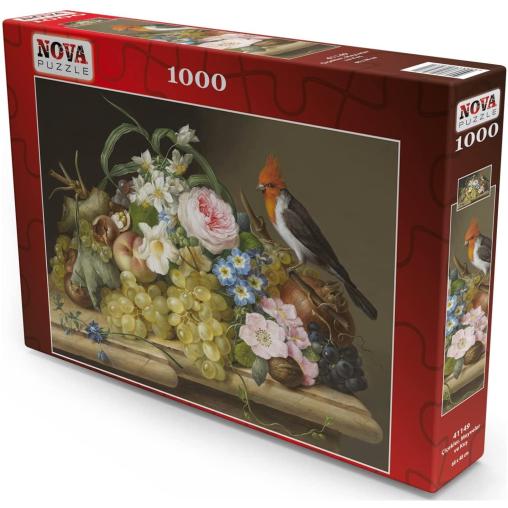 Puzzle Nova Bodegón de Flores, frutas y Pájaro de 1000 Piezas